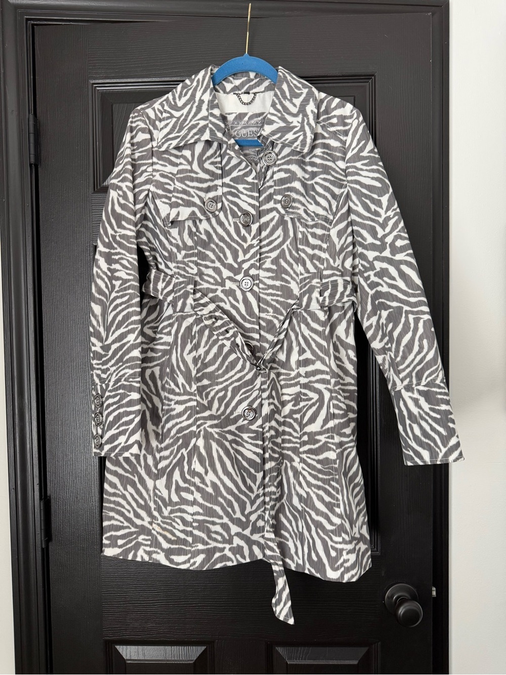 Guess Gray and White Zebra-Print Trench Coat